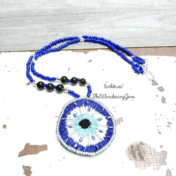 Hand Embroidered Evil Eye Beaded Choker Necklace, 15" - Picture 1 of 7